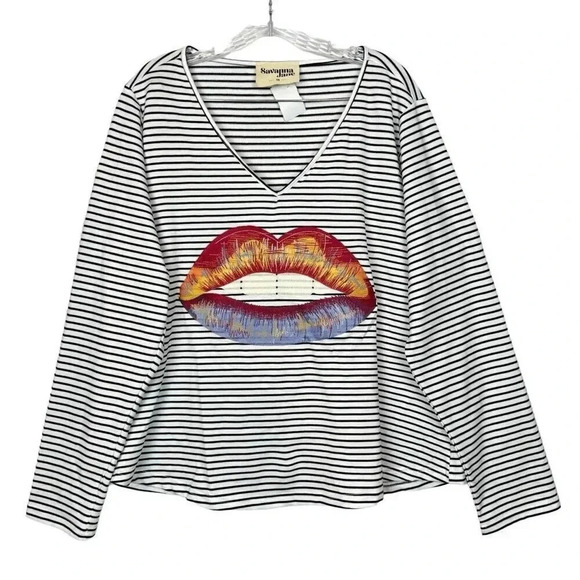 Savanna Jane 1X Striped Embroidered Multicolor Red Lips Mouth Long Sleeve V-Neck - Picture 1 of 5
